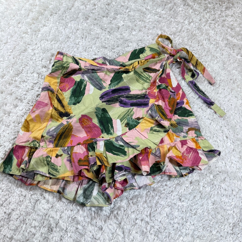 Zara Skort Wrap Women's Small Ruffle Hem Floral Brushstroke Print Colorful Mini